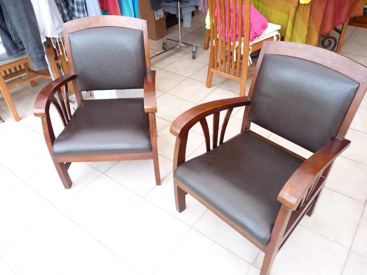 2 FAUTEUILS - STYLE COLONIAL, Maison & Meubles, Fauteuils, Utilisé, Bois, Cuir, Enlèvement