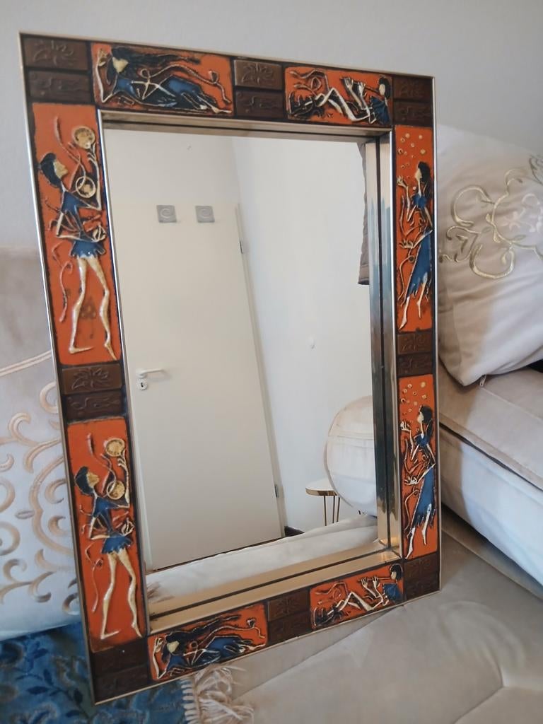 Grote kunstenaarsspiegel uit de jaren 60/70 - gesneden geëma, Huis en Inrichting, Woonaccessoires | Spiegels, Ophalen