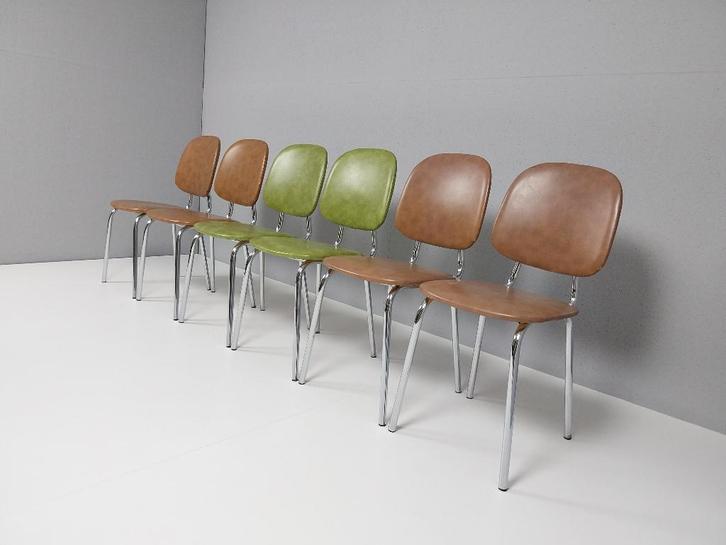 6 x Vintage Stoelen in Skai Leer en Chroom, Huis en Inrichting, Stoelen, Gebruikt, Vijf, Zes of meer stoelen, Overige materialen