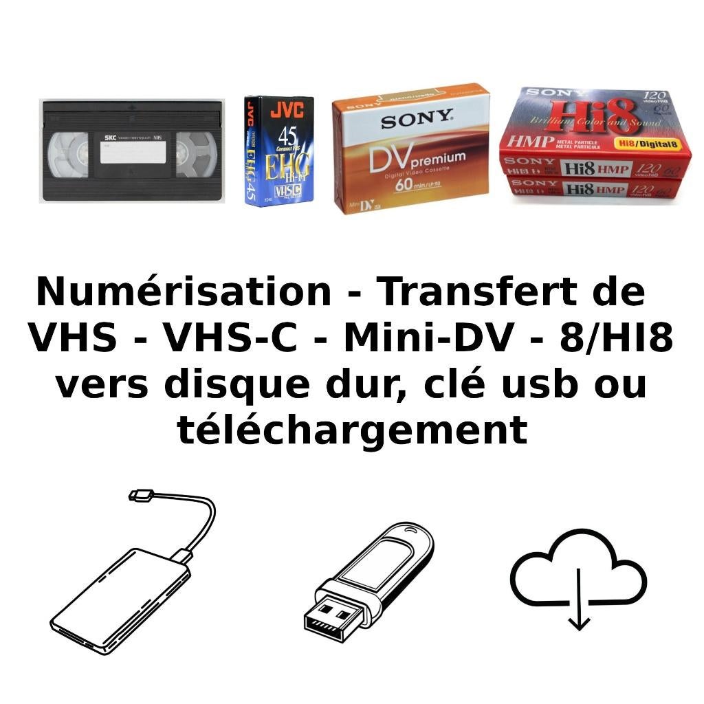 Numérisation-Copie de cassettes vidéo VHS - Hi8 - Mini DV, À partir de 6 ans, Enlèvement, Utilisé, Autres genres