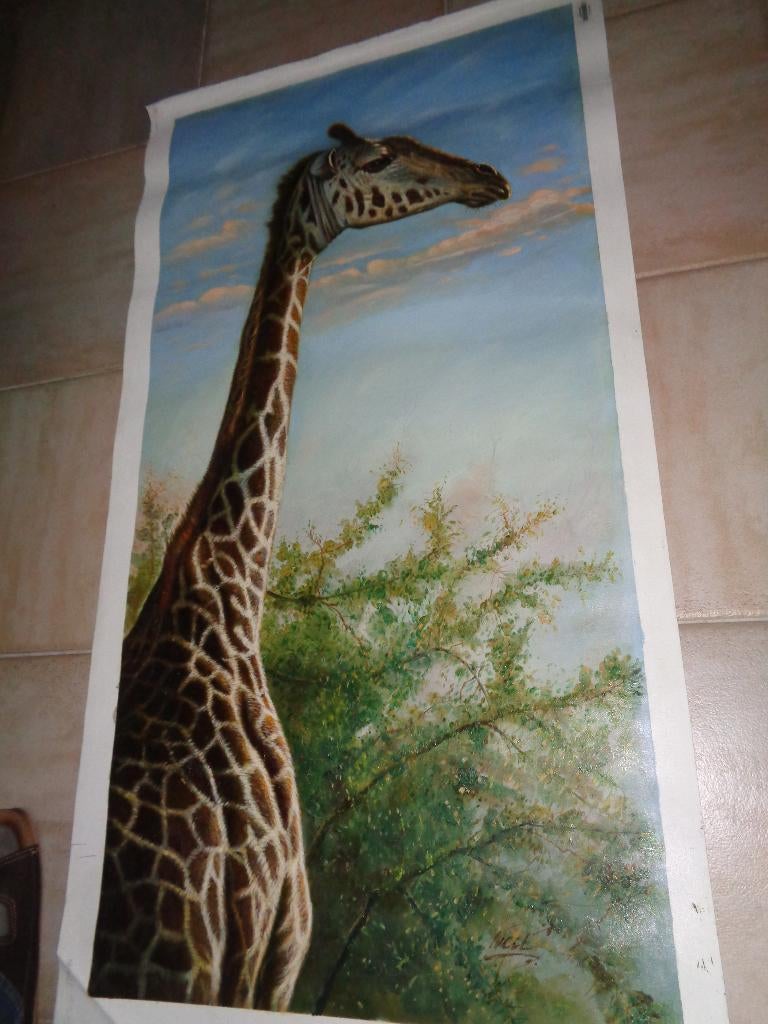 *Belle grande peinture signée (Giraf-130 cm x 70 cm), Antiquités & Art, Art | Peinture | Classique, Enlèvement ou Envoi