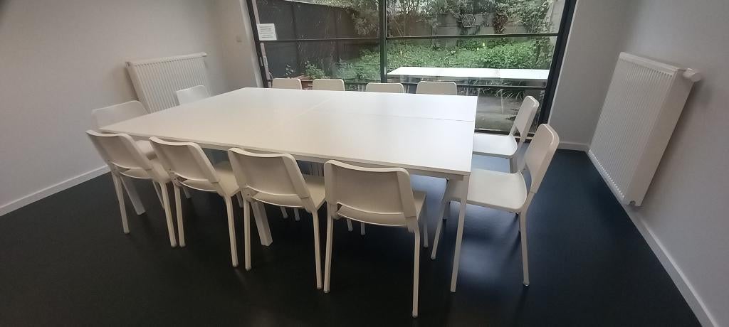 4 witte tafels 125x75 en 14 witte stoelen, Ophalen, 100 tot 150 cm, 50 tot 100 cm, Zo goed als nieuw