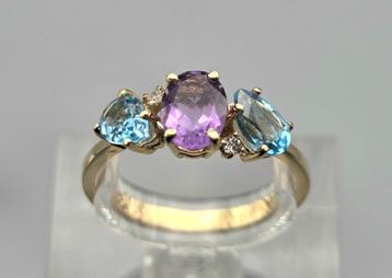 Bague vintage avec topaze, améthyste et diamant. 2025/480, Enlèvement ou Envoi, Autres couleurs, Comme neuf, Or