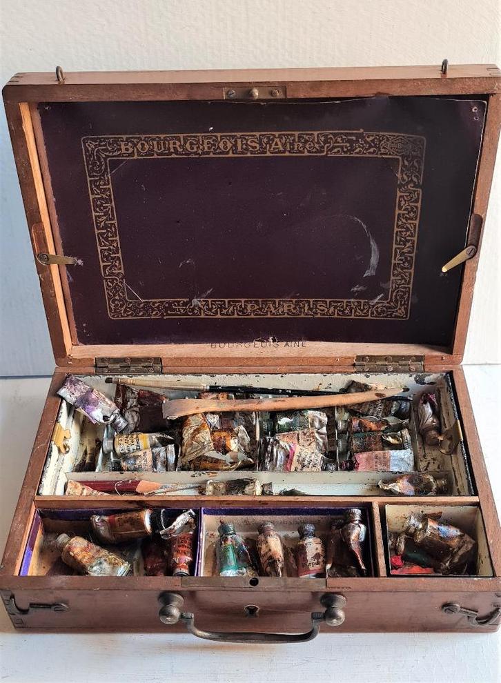 Antiek schilders reiskoffertje Bourgeois Ainé Paris, Hobby en Vrije tijd, Schilderen, Gebruikt, Olieverf, Ophalen of Verzenden