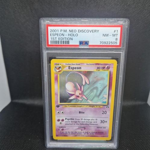 Espeon Holo 1st Edition Neo Discovery PSA 8, Hobby en Vrije tijd, Verzamelkaartspellen | Pokémon, Zo goed als nieuw, Ophalen of Verzenden