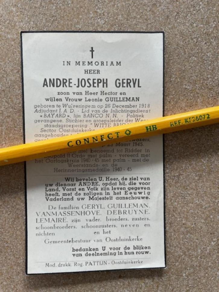 Oorlogsslachtoffer Oostduinkerke Geryl doodgemarteld door SS, Verzamelen, Bidprentjes en Rouwkaarten, Bidprentje, Ophalen of Verzenden