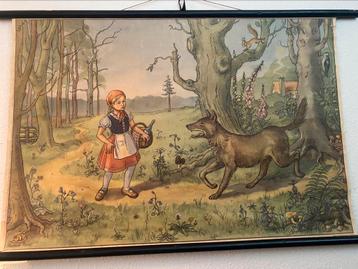 Oude schoolkaart Roodkapje en de boze wolf, Antiek en Kunst, Antiek | Schoolplaten, Ophalen, Overige thema's