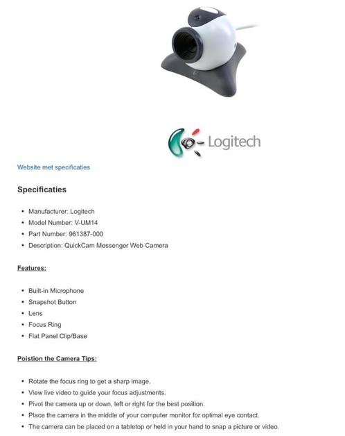 In nieuwe staat Logitech QuickCam Messenger Web Camera Model, Computers en Software, Webcams, Zo goed als nieuw, Microfoon, Ophalen of Verzenden