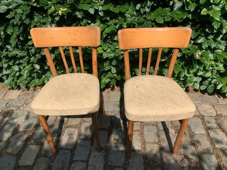 2 vintage KOK stoelen. Beukenhout met skai leren zitting., Huis en Inrichting, Stoelen, Gebruikt, Hout, Overige materialen, Ophalen