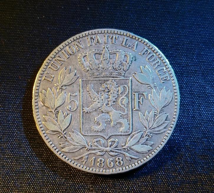 5 frank 1868 pos. B (zeldzamer) - Leopold II, Postzegels en Munten, Munten | België, Losse munt, Zilver, Zilver, Verzenden