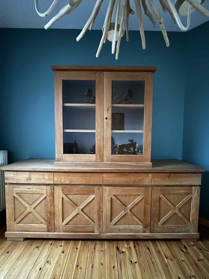 Buffet en Teck avec vitrine, Huis en Inrichting, Kasten | Buffetkasten, Zo goed als nieuw, 200 cm of meer, 200 cm of meer, 50 tot 75 cm