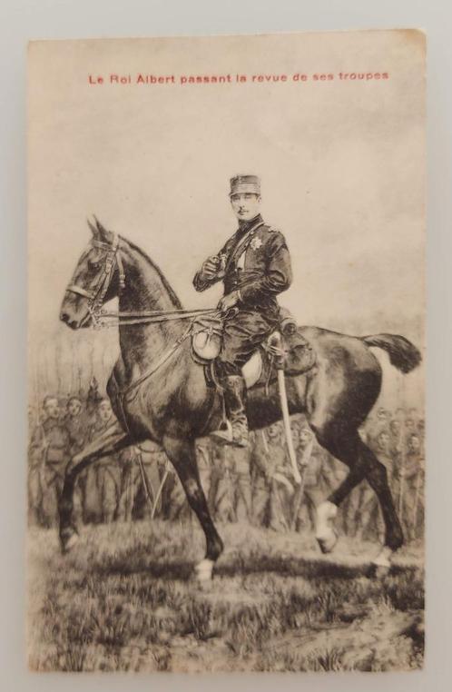 WW I - PC - ‘Le Roi Albert la revue de ses troupes’, Verzamelen, Koningshuis en Royalty, Zo goed als nieuw, Kaart, Foto of Prent