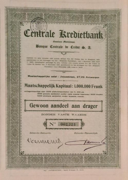 Centrale Kredietbank - antwerpen -   aandeel  - 1929, Postzegels en Munten, Aandelen en Waardepapieren, Aandeel, 1920 tot 1950