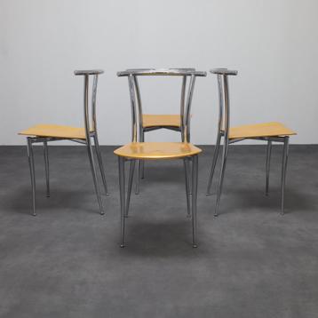 4x Postmoderne Eetkamerstoel Chrome & Plywood Segis, 90s beschikbaar voor biedingen