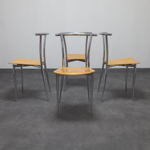 4x Postmoderne Eetkamerstoel Chrome & Plywood Segis, 90s, Huis en Inrichting, Stoelen, Gebruikt, Vier, Hout, Metaal, Ophalen