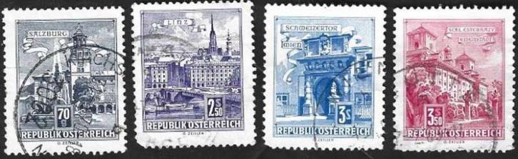 4 Postzegels Oostenrijk 1962 Gebouwen, Postzegels en Munten, Postzegels | Europa | Oostenrijk, Gestempeld, Ophalen of Verzenden