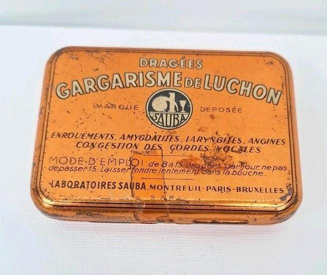 Oud pillendoosje 'Gargarisme de luchon' Sauba 1940-1950, Verzamelen, Blikken, Gebruikt, Ophalen of Verzenden
