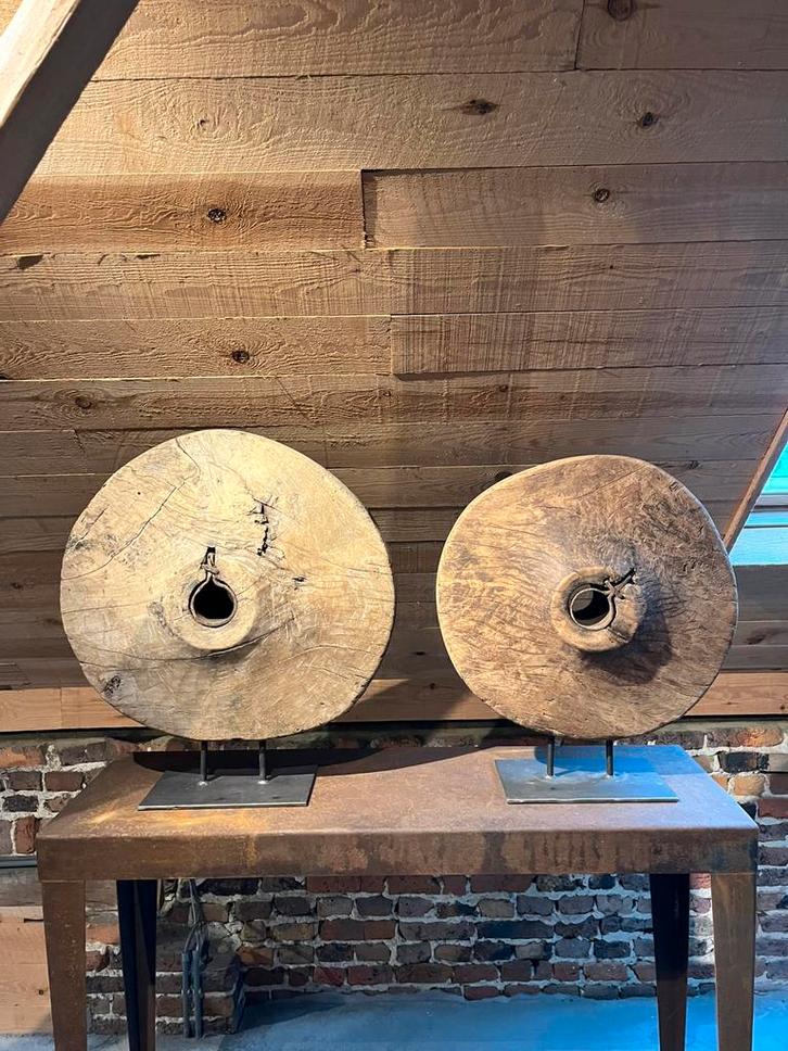 Antieke industriële houten vliegwiel, Antiek en Kunst, Kunst | Designobjecten, Ophalen