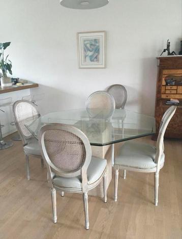 Table octogonale en verre+pied marbre (3 pièces démontables), 100 à 150 cm, Intemporel, Cinq personnes ou plus, 100 à 150 cm