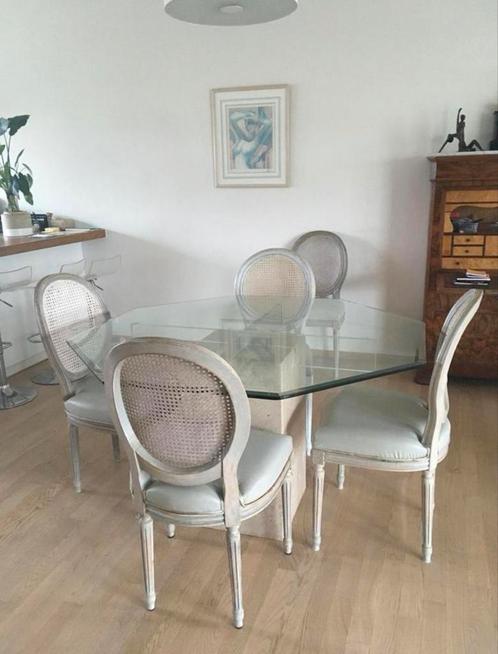Achthoekige glazen tafel+marmeren onderstel:3 verwijderbare, Huis en Inrichting, Tafels | Eettafels, Gebruikt, 100 tot 150 cm