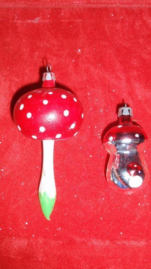 2 oude glazen kerstbal paddenstoelen, Divers, Noël, Utilisé, Enlèvement ou Envoi