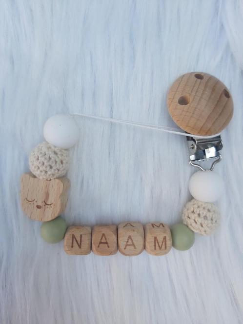 Gepersonaliseerde naam speen koord met houten beertje khaki, Kinderen en Baby's, Kraamcadeaus en Geboorteborden, Nieuw, Kraamcadeau