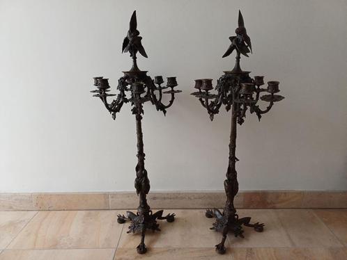 2 statige massief bronzen kandelaars, Auguste Cain, Antiek en Kunst, Antiek | Kandelaars, Koper of Brons, Ophalen