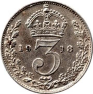 3 pence - George V 1918 Zilver Verenigd Koninkrijk, Postzegels en Munten, Ophalen of Verzenden, Overige landen, Losse munt, Zilver