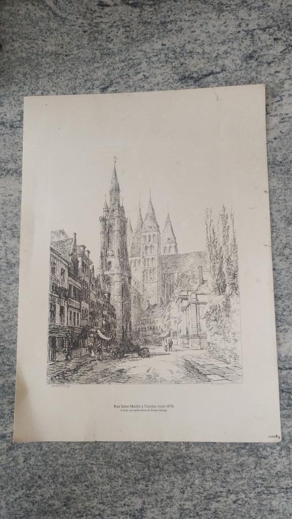 Rue Saint-Martin in Doornik (1878) naar een diepdruk, Antiek en Kunst, Kunst | Schilderijen | Klassiek, Ophalen of Verzenden
