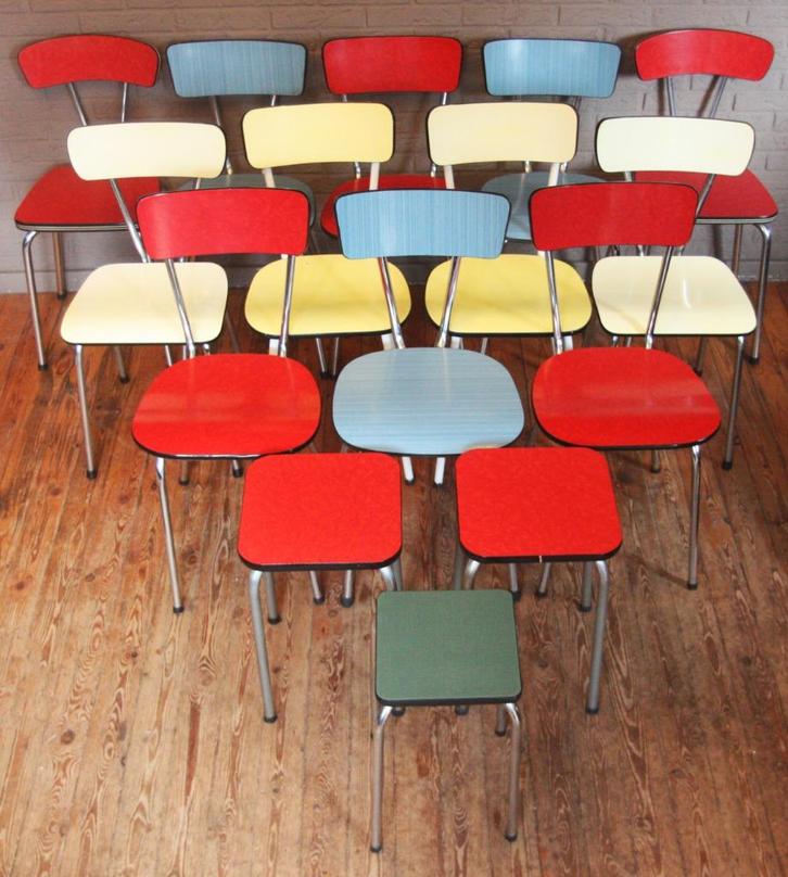 Formica Stoelen / Geel Blauw Rood Bruin Hagelwit Lichtgrijs, Huis en Inrichting, Stoelen, Zo goed als nieuw, Hout, Kunststof, Metaal