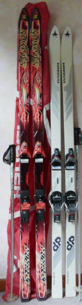 Skis alpins (2 paires) avec bâtons et housse bon état, Sports & Fitness, Ski & Ski de fond, Utilisé, Skis, Salomon, 180 cm ou plus