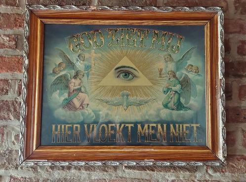 Religieuze prent ‘God ziet mij – hier vloekt men niet’ – vin, Verzamelen, Religie, Gebruikt, Christendom | Katholiek, Kaart of Prent