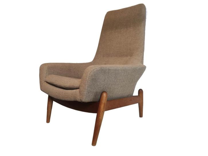 Vintage Madsen & Schubell design Ib Kofod Larsen fauteuil, Huis en Inrichting, Fauteuils, Gebruikt, Hout, Stof, 75 tot 100 cm