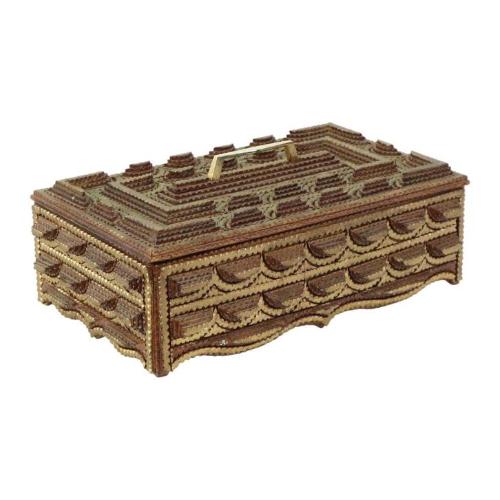 Grote Houten Tramp Art Doos Volkskunst Goud 20ste Eeuw, Antiek en Kunst, Curiosa en Brocante, Ophalen of Verzenden