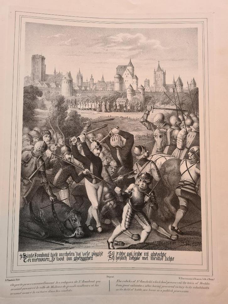 1847 - Mechelen / veldslag met zicht op de stad /groot, Antiek en Kunst, Kunst | Etsen en Gravures, Verzenden