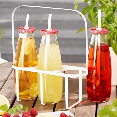 Tchibo – 3 glazen flessen met rietje & metalen draagrek, Tuin en Terras, Bergingen en Tuinkasten, Zo goed als nieuw, Metaal, Ophalen