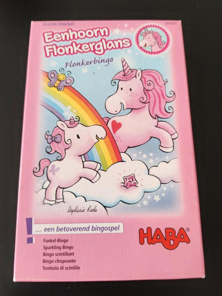 Haba Eenhoorn Flonkerglans, Flonkerbingo, Hobby en Vrije tijd, Gezelschapsspellen | Bordspellen, Gebruikt, Ophalen