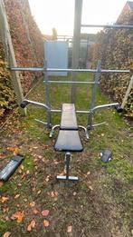 Benchpress met halter en gewichten, Sport en Fitness, Ophalen, Zo goed als nieuw