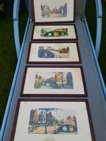 Set 5 aquarel kleur print schilderij hout kader getekend 