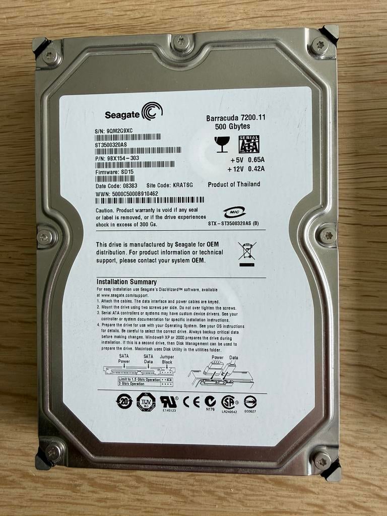 Seagate Barracuda 500GB, Computers en Software, Harde schijven, Ophalen of Verzenden, Zo goed als nieuw
