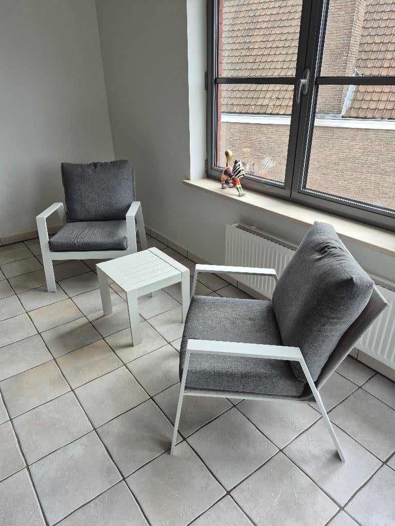 2 mooie terras zeteltjes + tafeltje, Ophalen, Gebruikt, Aluminium