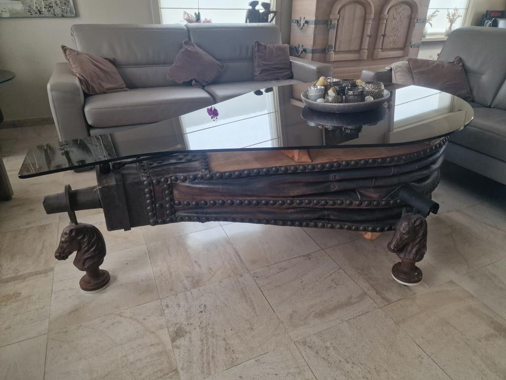 Salontafel antieken blaasbalg met glazen blad, Ophalen