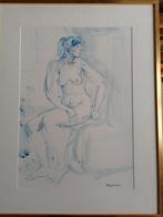Albert de Deken  1915 - 2003  Aquarel Naakt in blauw, Envoi