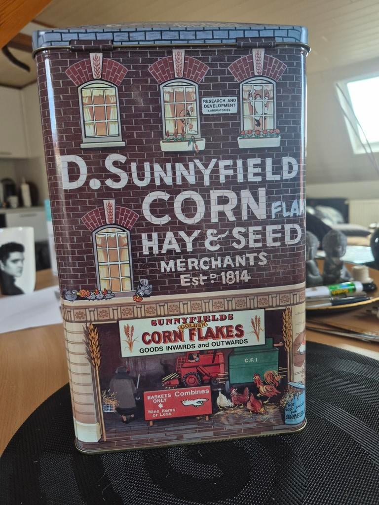 Grande Boîte Métal Vintage Sunnyfields Corn Flakes - Silver, Enlèvement ou Envoi