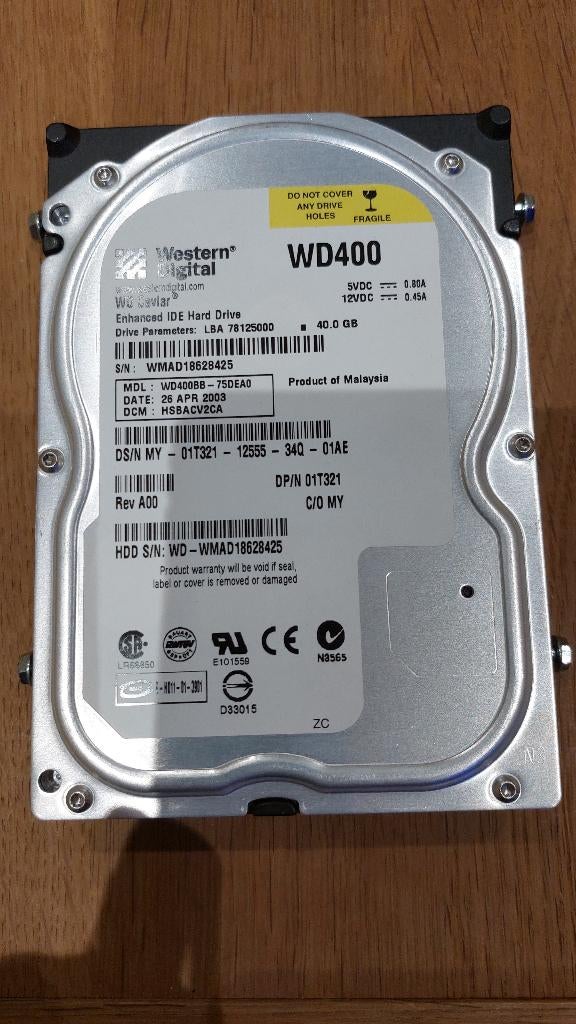 HDD 3.5 Western Digital 40 GB IDE - WD400BB-75DEA0, Computers en Software, Harde schijven, Gebruikt, Desktop, Intern, HDD, IDE