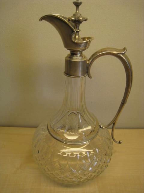 Kristallen karaf voor drank, met zilver beslag en handvat, Antiek en Kunst, Antiek | Glaswerk en Kristal, Ophalen