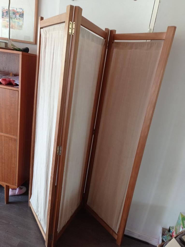 Paravent bois hêtre  et lin vintage, Maison & Meubles, Enlèvement