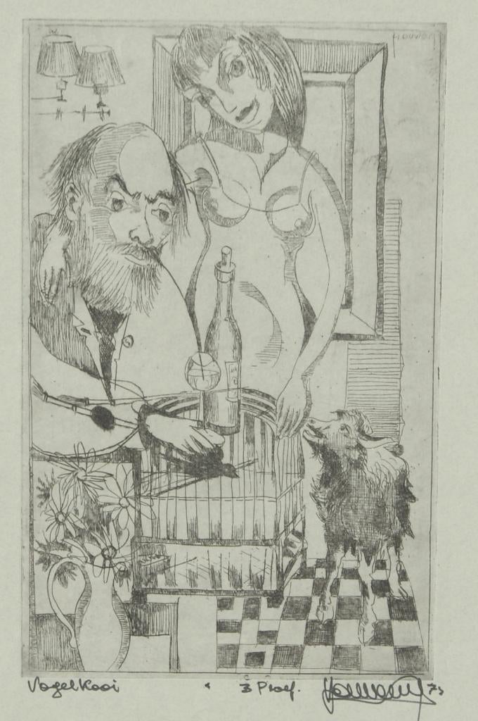 Joris Houwen (1925-1998): Vogelkooi 1974 (43 x 53 cm), Antiek en Kunst, Ophalen of Verzenden, Ets, Genummerd