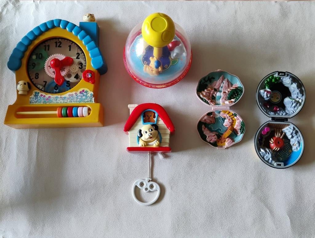 Speelgoedklok, muziekdoosje Polly pocket en Sammy Steel, tol, Ophalen, Gebruikt