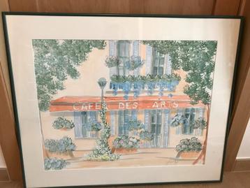 Aquarel onder lijst, Café des arts, Antiek en Kunst, Ophalen